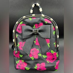 Betsy Johnson Polkadot Roses Leather Mini Backpack Black White Red
